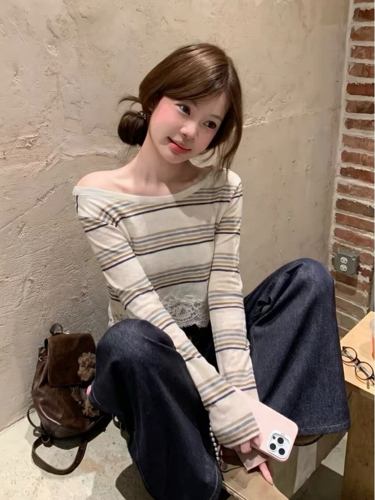 【T-1321】午后松弛☁️条纹蕾丝短款长袖手工绣花上衣 Women Long Sleeve Off Shoulder Stripe Top with Lace Casual Blouse 10889
