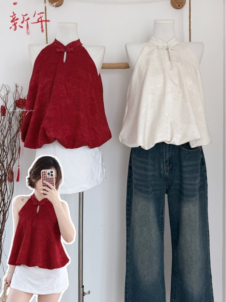 【T-1380】🧧✨CNY 新年款✨🧧新中式旗袍挂脖上衣