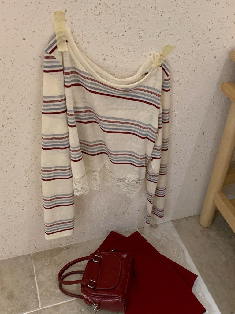 【T-1321】午后松弛☁️条纹蕾丝短款长袖手工绣花上衣 Women Long Sleeve Off Shoulder Stripe Top with Lace Casual Blouse 10889