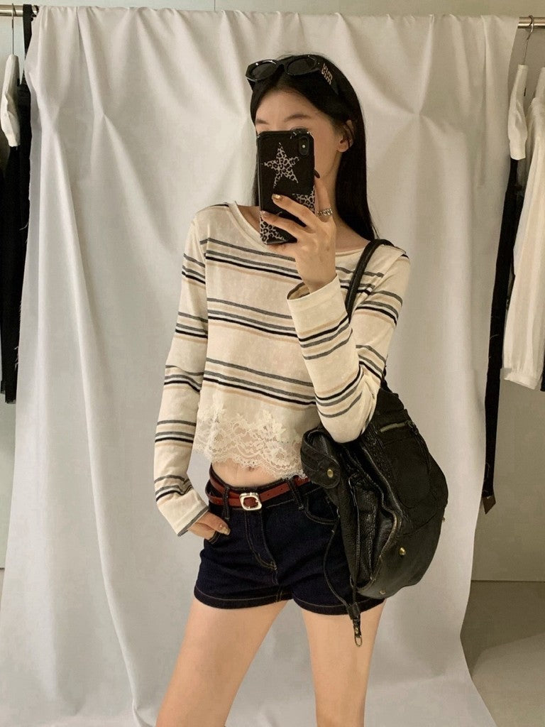 【T-1321】午后松弛☁️条纹蕾丝短款长袖手工绣花上衣 Women Long Sleeve Off Shoulder Stripe Top with Lace Casual Blouse 10889