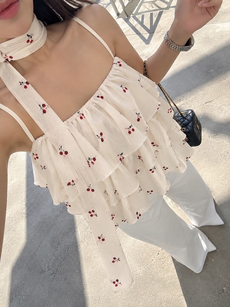 【T-1332】🍒樱桃蛋糕吊带上衣 Cherry Ruffle Cami Top with Choker