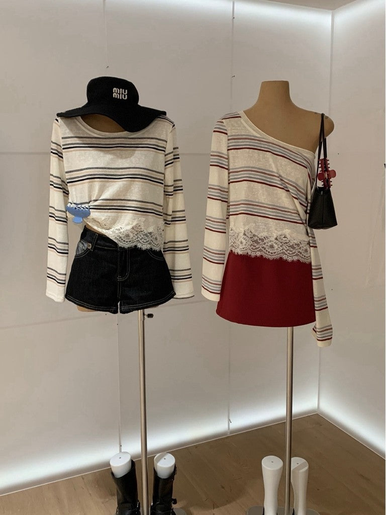 【T-1321】午后松弛☁️条纹蕾丝短款长袖手工绣花上衣 Women Long Sleeve Off Shoulder Stripe Top with Lace Casual Blouse 10889