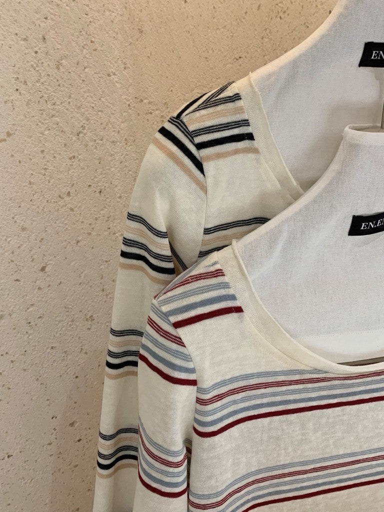 【T-1321】午后松弛☁️条纹蕾丝短款长袖手工绣花上衣 Women Long Sleeve Off Shoulder Stripe Top with Lace Casual Blouse 10889