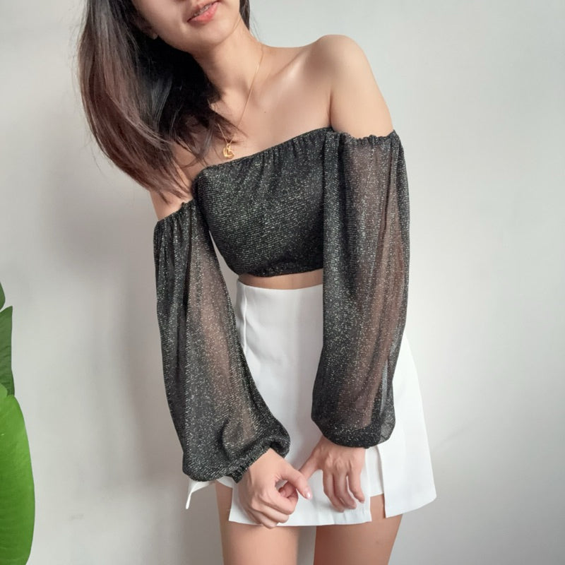 【T517】BlingBling One Shoulder Long Sleeve Top Tank 气质闪闪发光一字肩长袖短款上衣遮手臂 🇹🇭泰国现货上衣