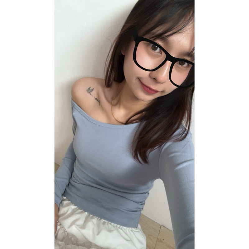 【T539】气质斜肩长袖修身上衣百搭日常女上衣 Thong Glom
