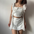 【T331】Fluffy Ruffle Sleeve Set Top + Skort Set