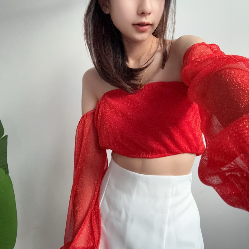 【T517】BlingBling One Shoulder Long Sleeve Top Tank 气质闪闪发光一字肩长袖短款上衣遮手臂 🇹🇭泰国现货上衣