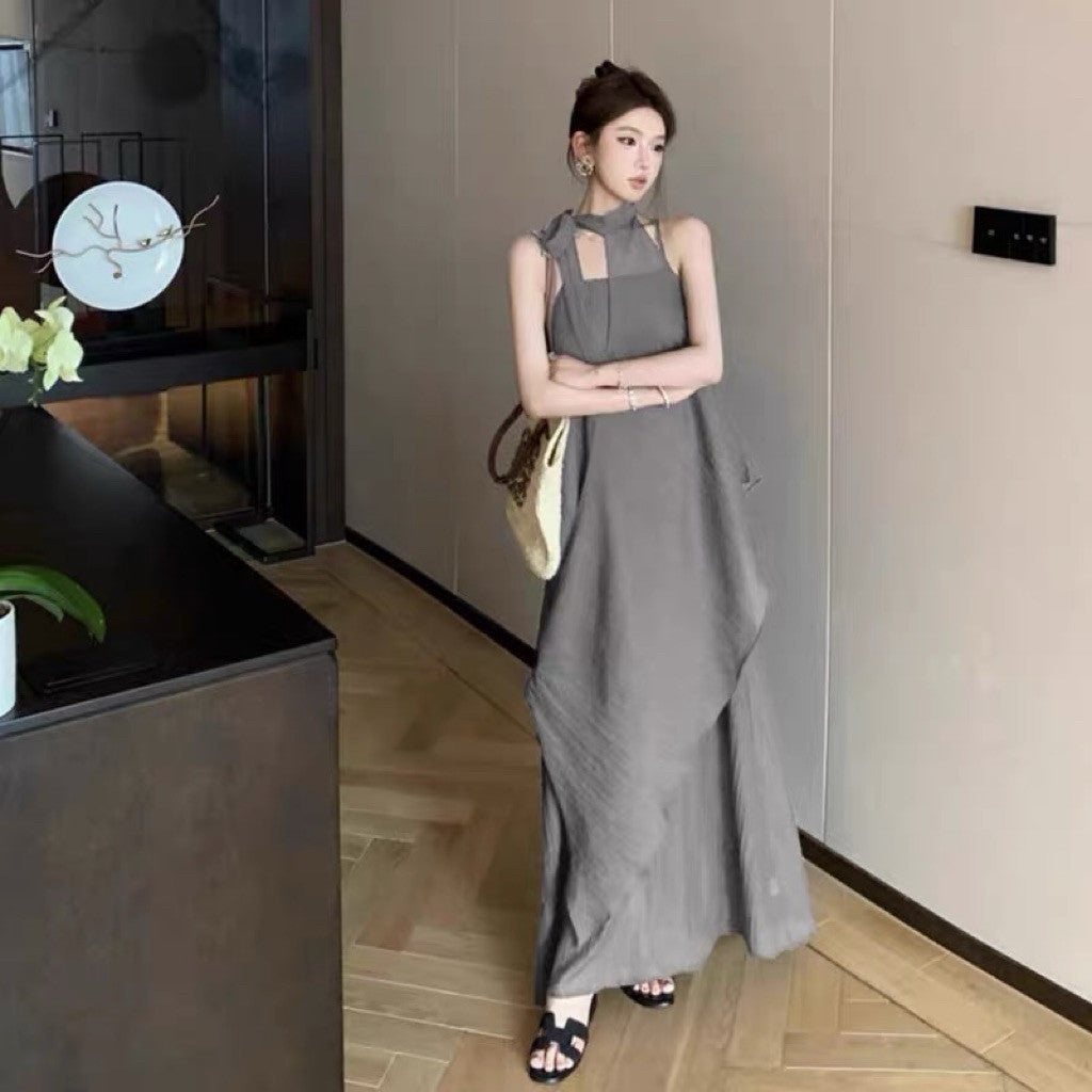 【T737】中式美女范 设计感不规则挂脖连衣裙