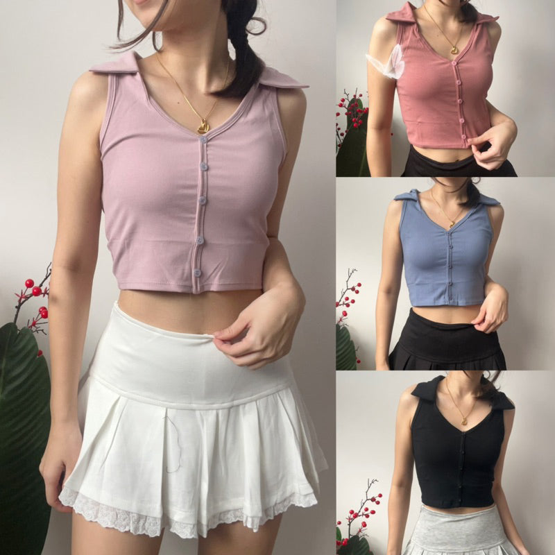 【T360】THONG GLOM 翻领纽扣无袖短款女上衣