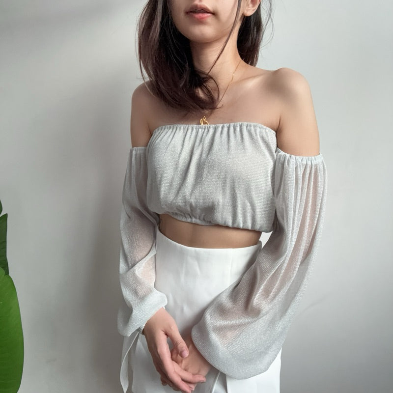 【T517】BlingBling One Shoulder Long Sleeve Top Tank 气质闪闪发光一字肩长袖短款上衣遮手臂 🇹🇭泰国现货上衣