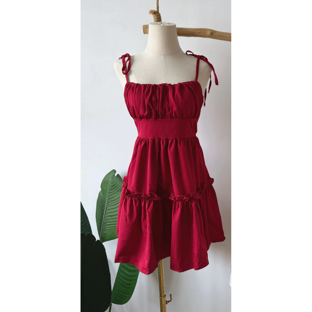 【T686】Ruffle Midi Dress 甜美吊带收腰纯色显瘦短裙
