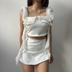 【T331】Fluffy Ruffle Sleeve Set Top + Skort Set