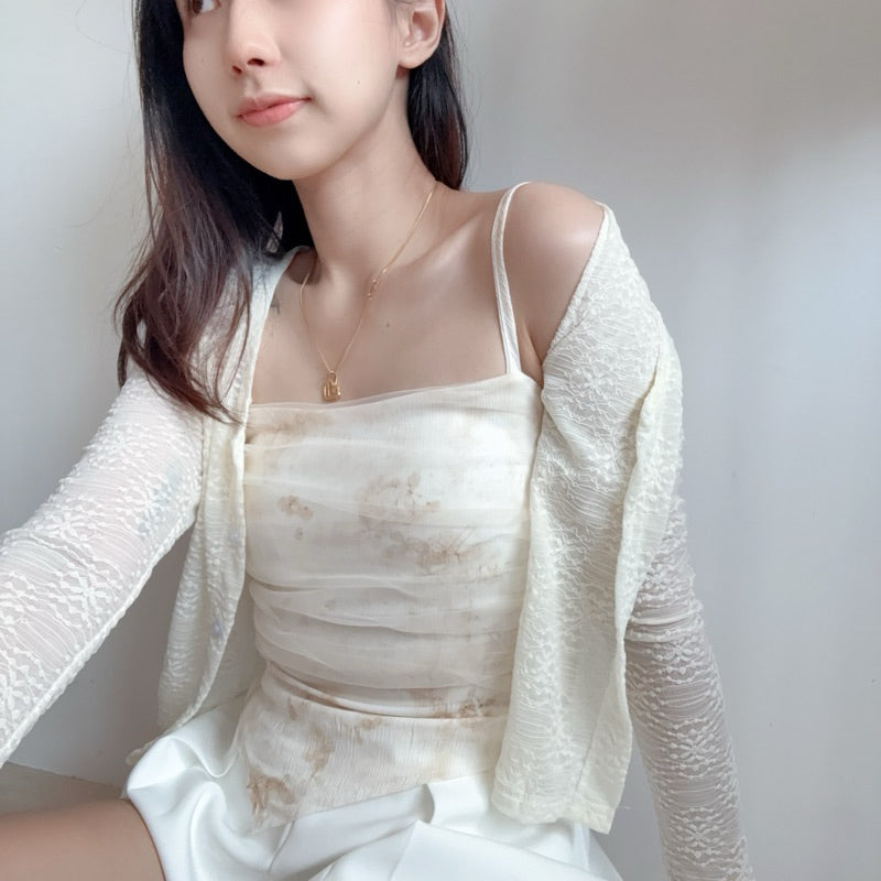 【T562】新中式💗小清新水墨画自带胸垫背心+蕾丝针织外套开衫两件套