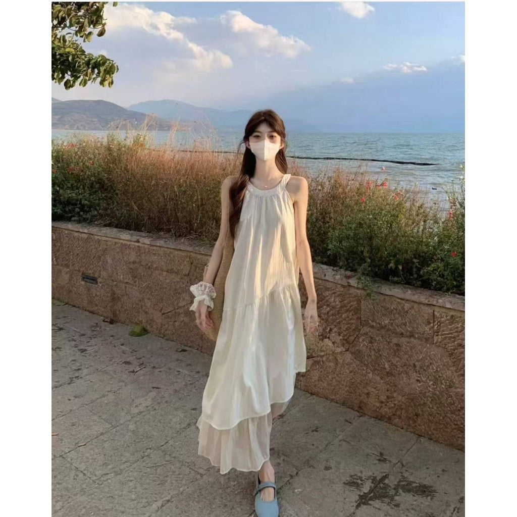 【T706】温柔风挂脖珠光下摆拼接气质连身裙