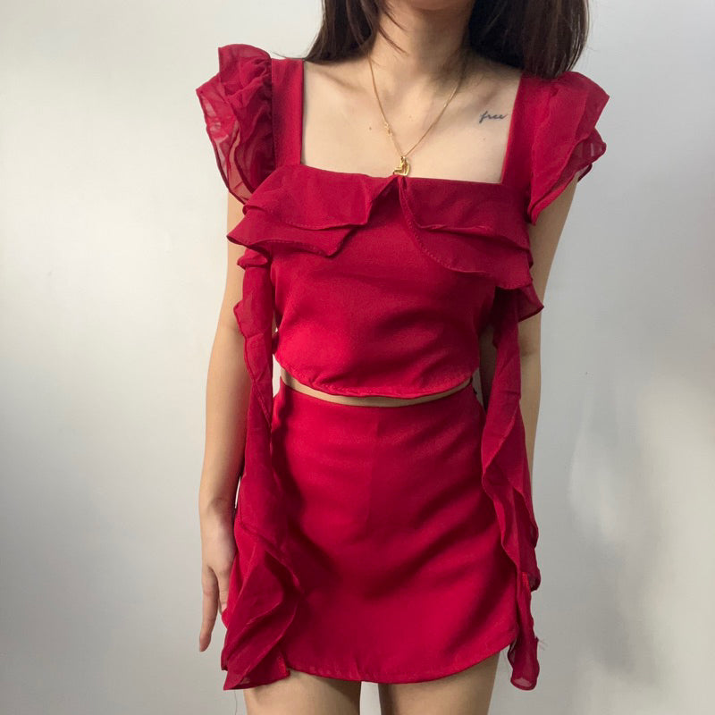 【T331】Fluffy Ruffle Sleeve Set Top + Skort Set