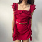 【T331】Fluffy Ruffle Sleeve Set Top + Skort Set
