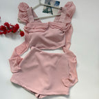 【T331】Fluffy Ruffle Sleeve Set Top + Skort Set