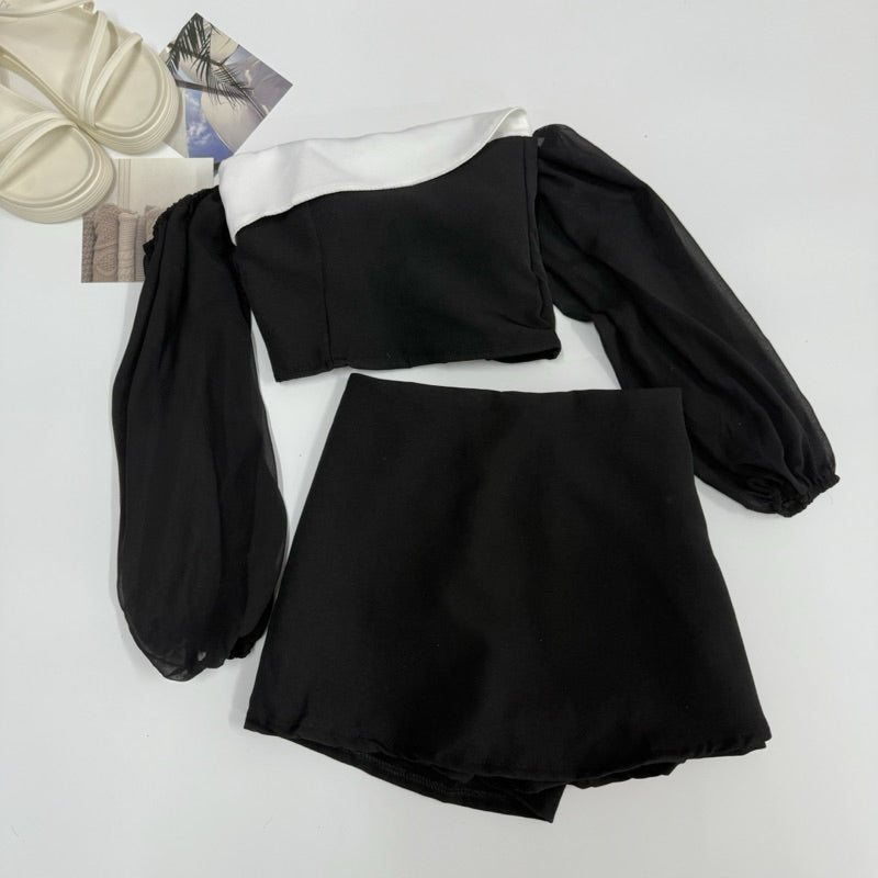 【T416】😍遮手臂套装 Fluffy Long Sleeve Padded Tube Top + Skort Set
