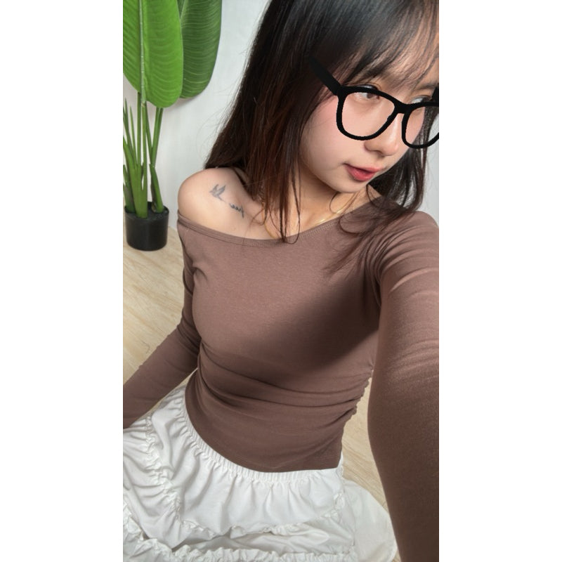 【T539】气质斜肩长袖修身上衣百搭日常女上衣 Thong Glom