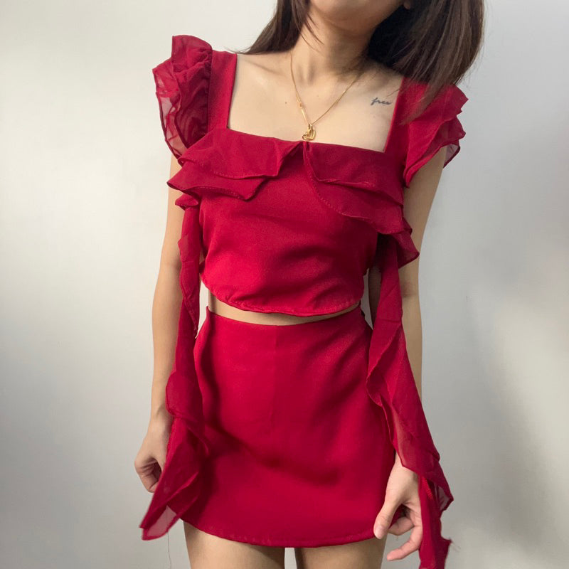 【T331】Fluffy Ruffle Sleeve Set Top + Skort Set