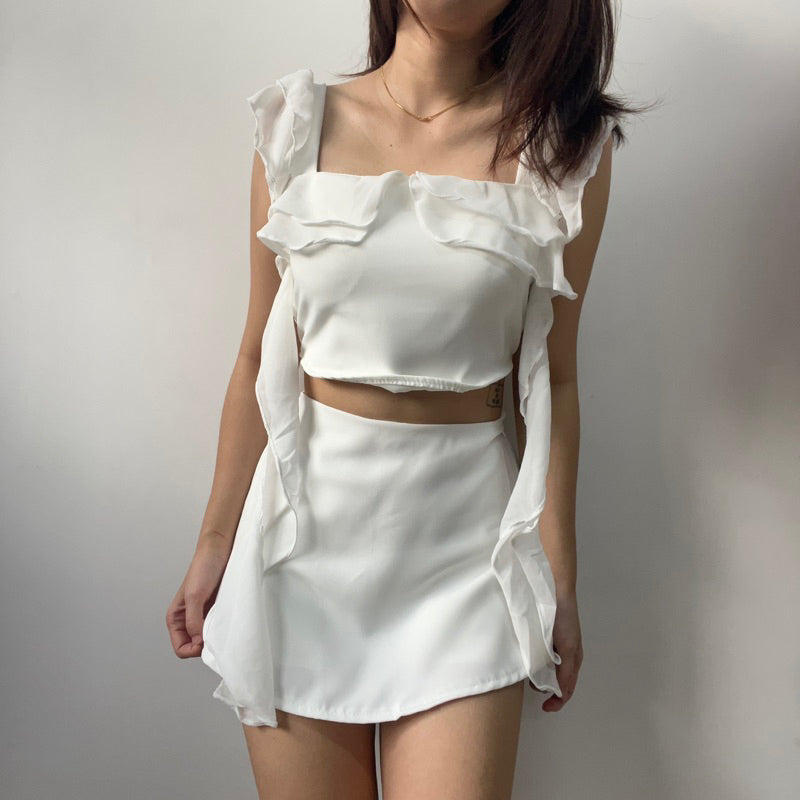 【T331】Fluffy Ruffle Sleeve Set Top + Skort Set