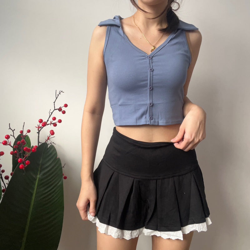 【T360】THONG GLOM 翻领纽扣无袖短款女上衣