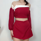 【T416】😍遮手臂套装 Fluffy Long Sleeve Padded Tube Top + Skort Set
