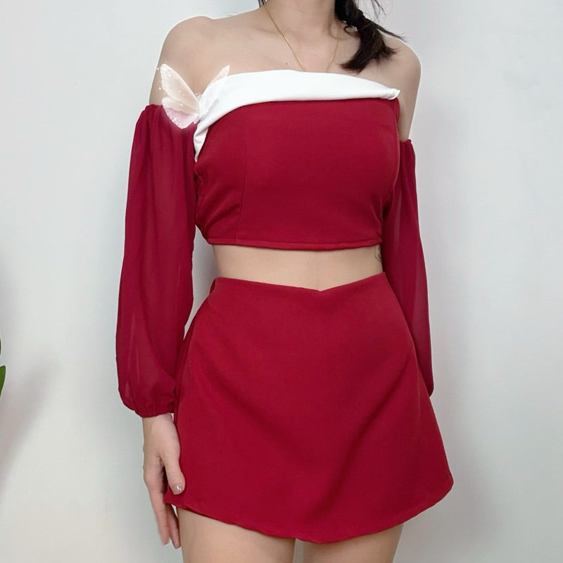 【T416】😍遮手臂套装 Fluffy Long Sleeve Padded Tube Top + Skort Set