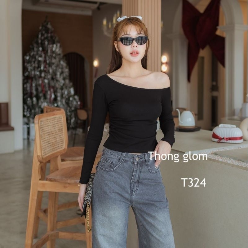 【T539】气质斜肩长袖修身上衣百搭日常女上衣 Thong Glom