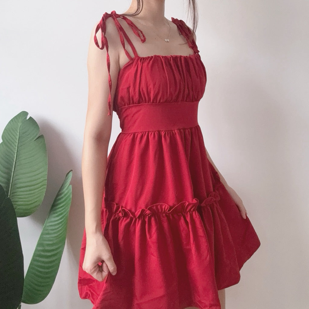 【T686】Ruffle Midi Dress 甜美吊带收腰纯色显瘦短裙