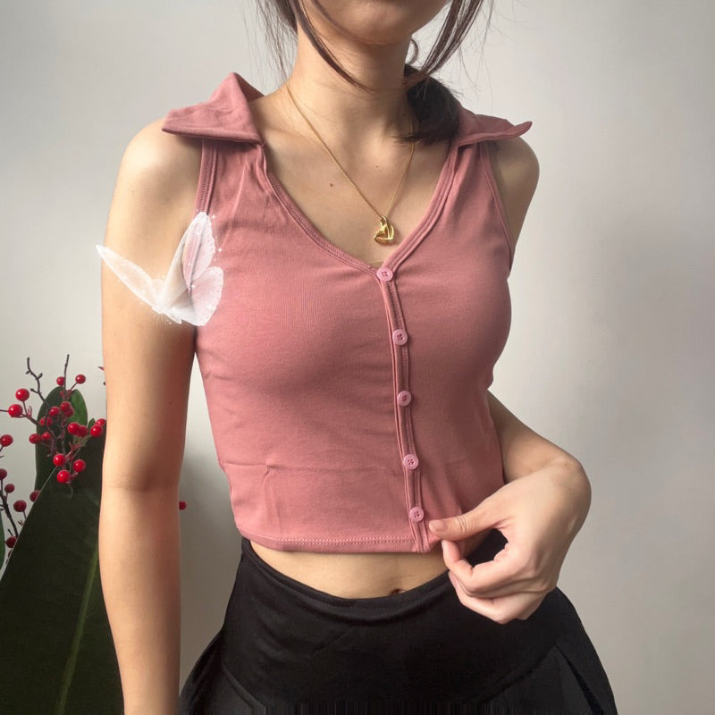 【T360】THONG GLOM 翻领纽扣无袖短款女上衣