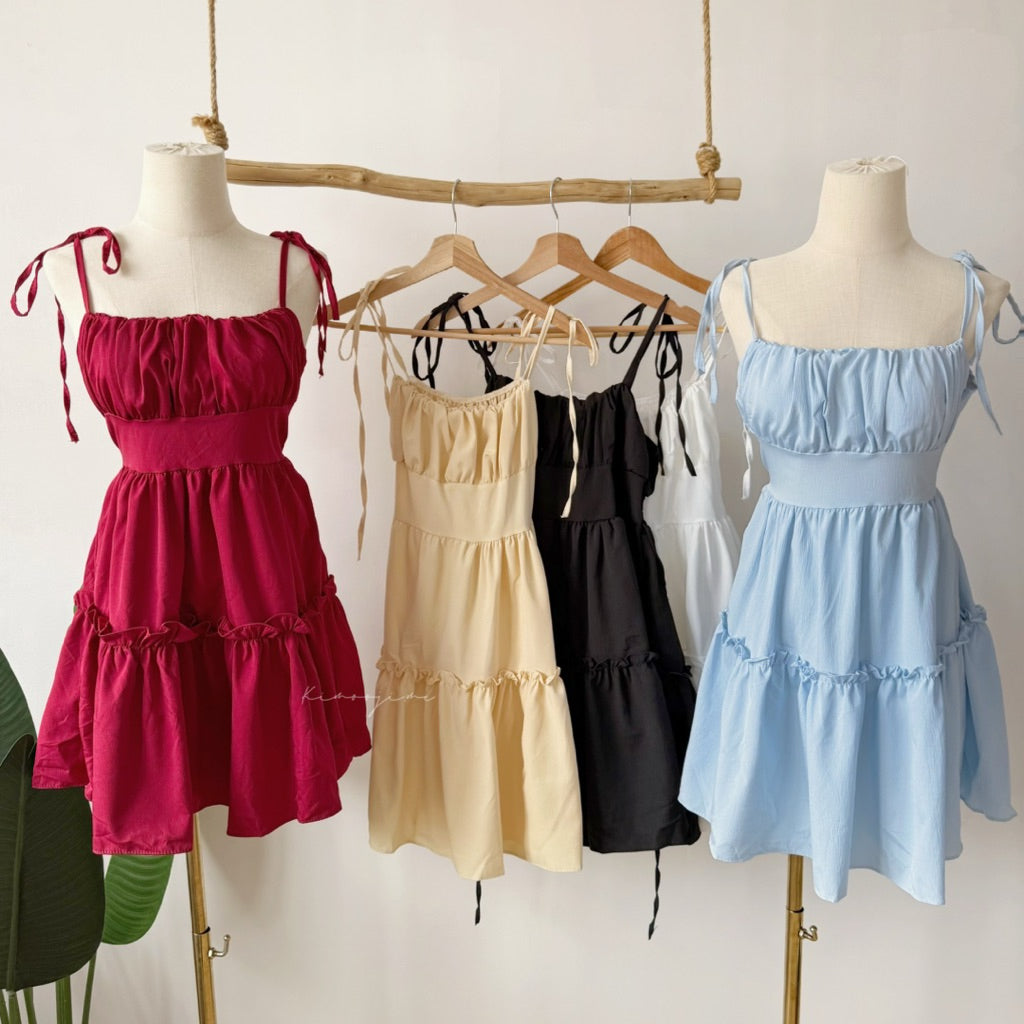 【T686】Ruffle Midi Dress 甜美吊带收腰纯色显瘦短裙