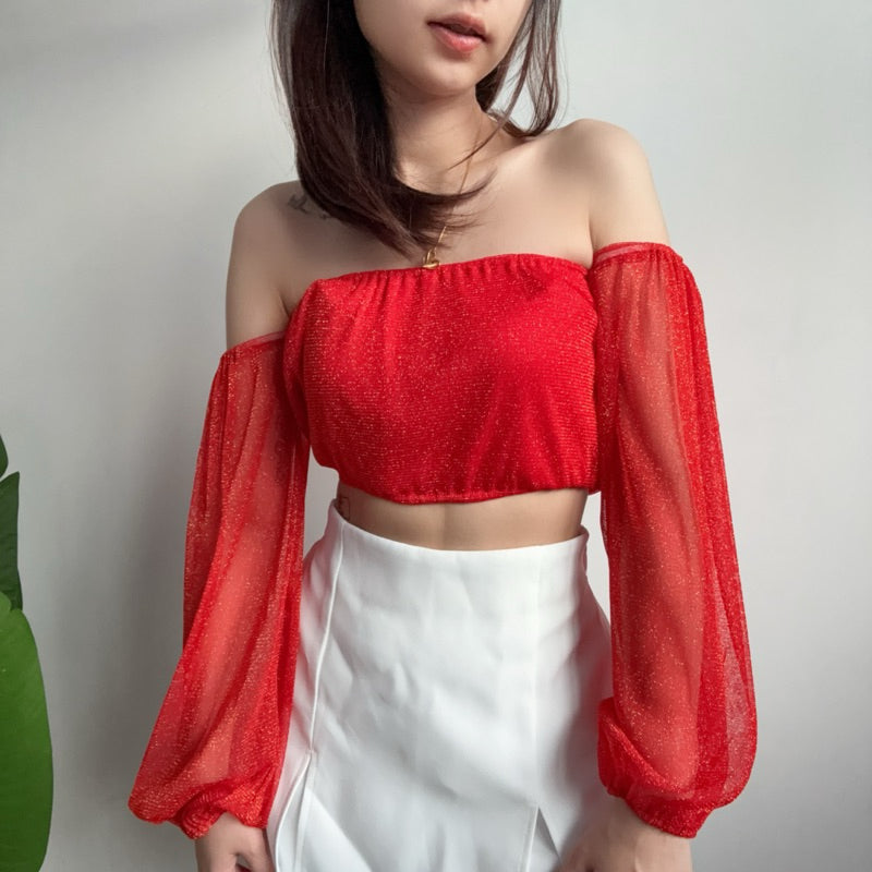 【T517】BlingBling One Shoulder Long Sleeve Top Tank 气质闪闪发光一字肩长袖短款上衣遮手臂 🇹🇭泰国现货上衣