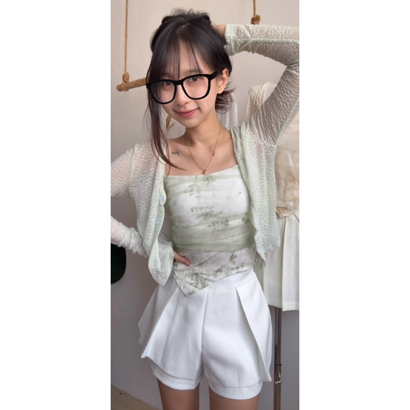 【T562】新中式💗小清新水墨画自带胸垫背心+蕾丝针织外套开衫两件套