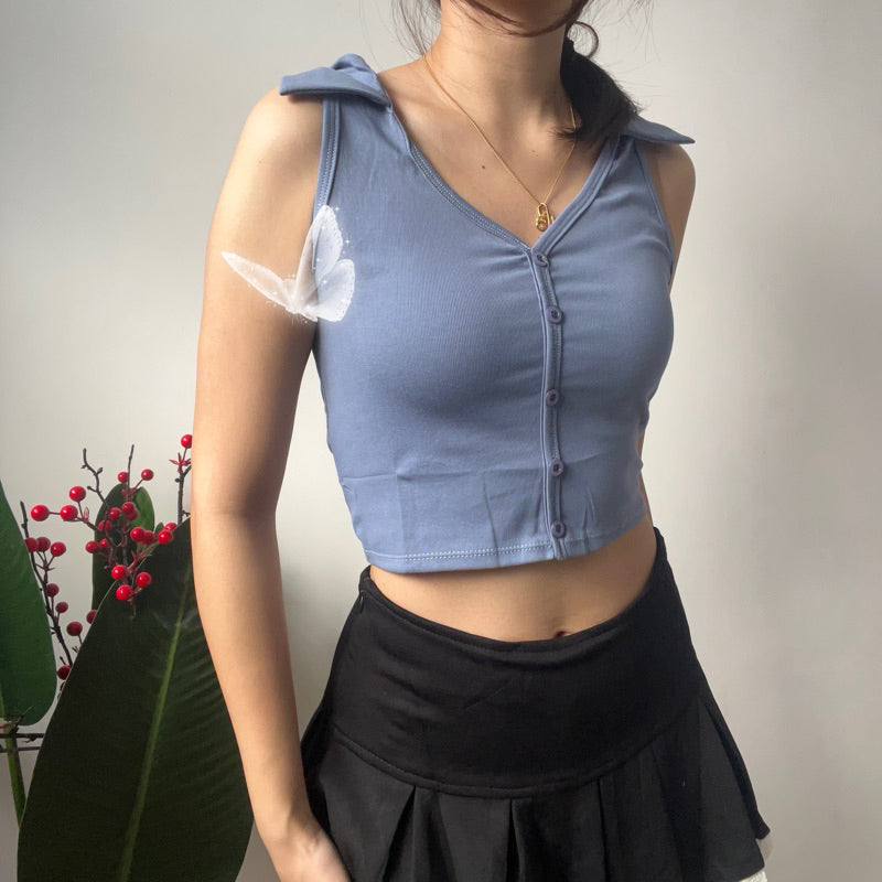 【T360】THONG GLOM 翻领纽扣无袖短款女上衣