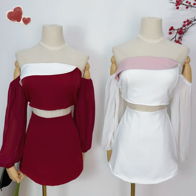 【T416】😍遮手臂套装 Fluffy Long Sleeve Padded Tube Top + Skort Set