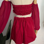 【T416】😍遮手臂套装 Fluffy Long Sleeve Padded Tube Top + Skort Set