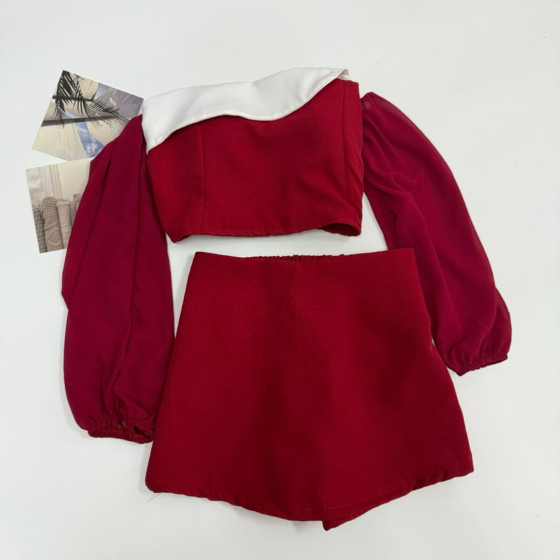 【T416】😍遮手臂套装 Fluffy Long Sleeve Padded Tube Top + Skort Set