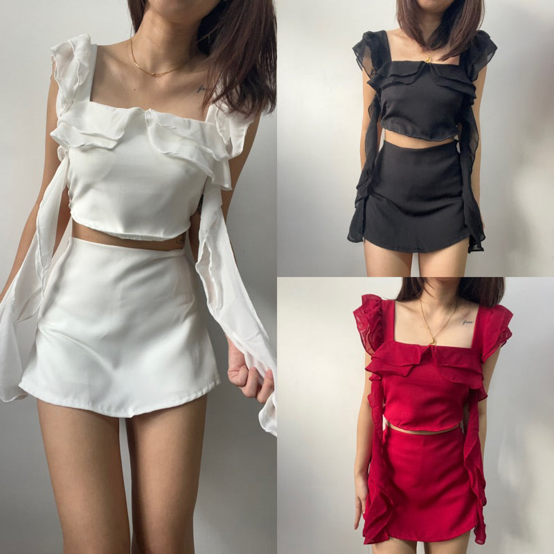 【T331】Fluffy Ruffle Sleeve Set Top + Skort Set
