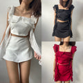 【T331】Fluffy Ruffle Sleeve Set Top + Skort Set
