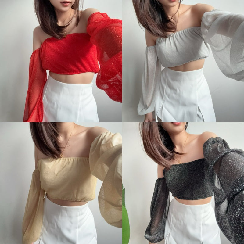 【T517】BlingBling One Shoulder Long Sleeve Top Tank 气质闪闪发光一字肩长袖短款上衣遮手臂 🇹🇭泰国现货上衣