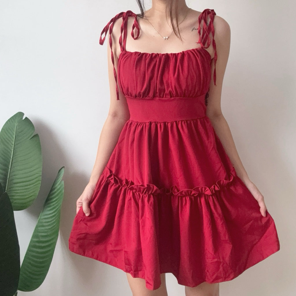 【T686】Ruffle Midi Dress 甜美吊带收腰纯色显瘦短裙