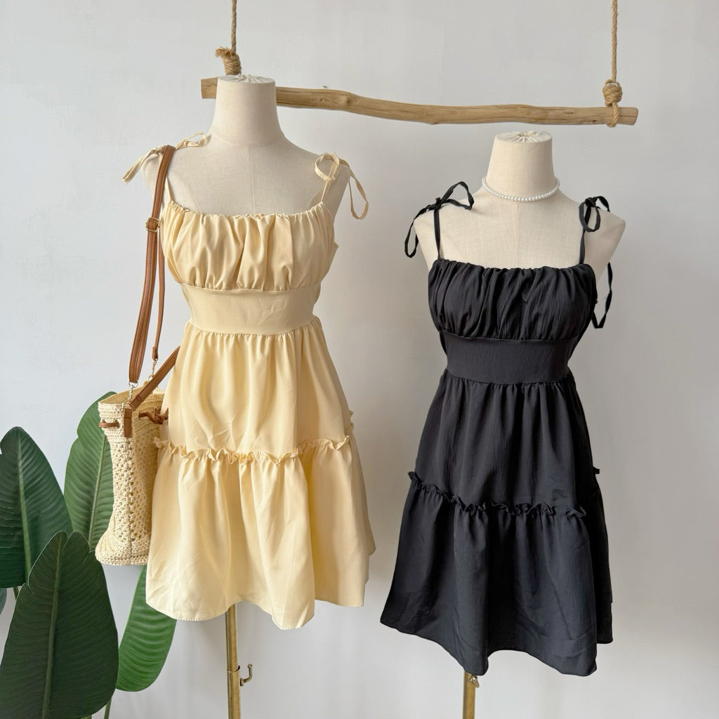 【T686】Ruffle Midi Dress 甜美吊带收腰纯色显瘦短裙