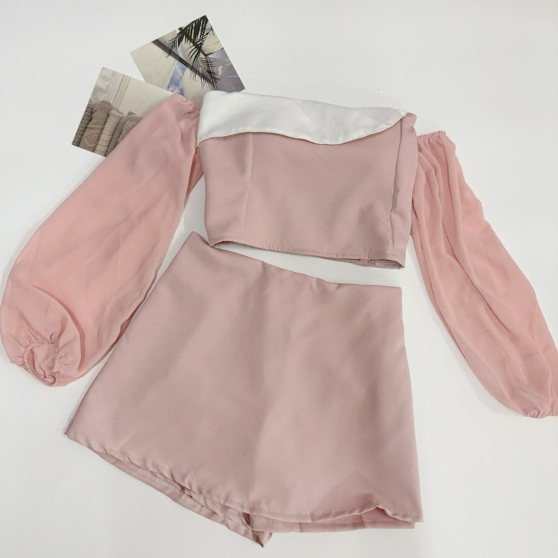 【T416】😍遮手臂套装 Fluffy Long Sleeve Padded Tube Top + Skort Set