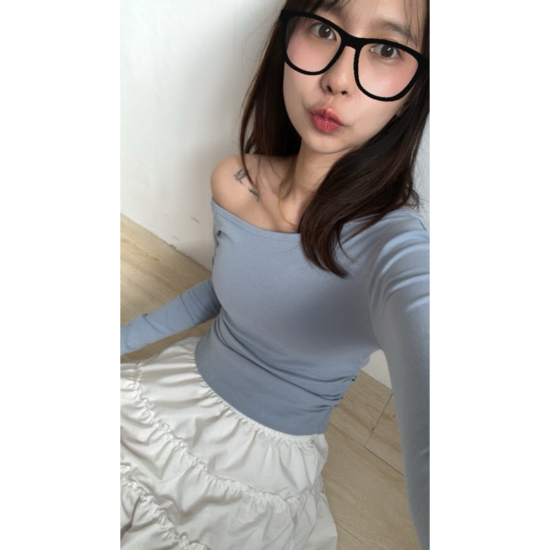 【T539】气质斜肩长袖修身上衣百搭日常女上衣 Thong Glom