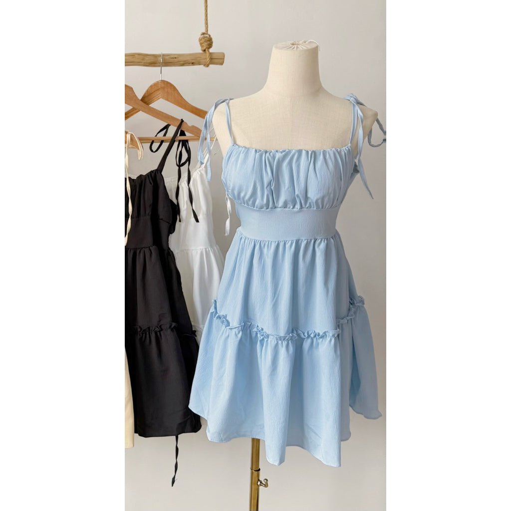 【T686】Ruffle Midi Dress 甜美吊带收腰纯色显瘦短裙