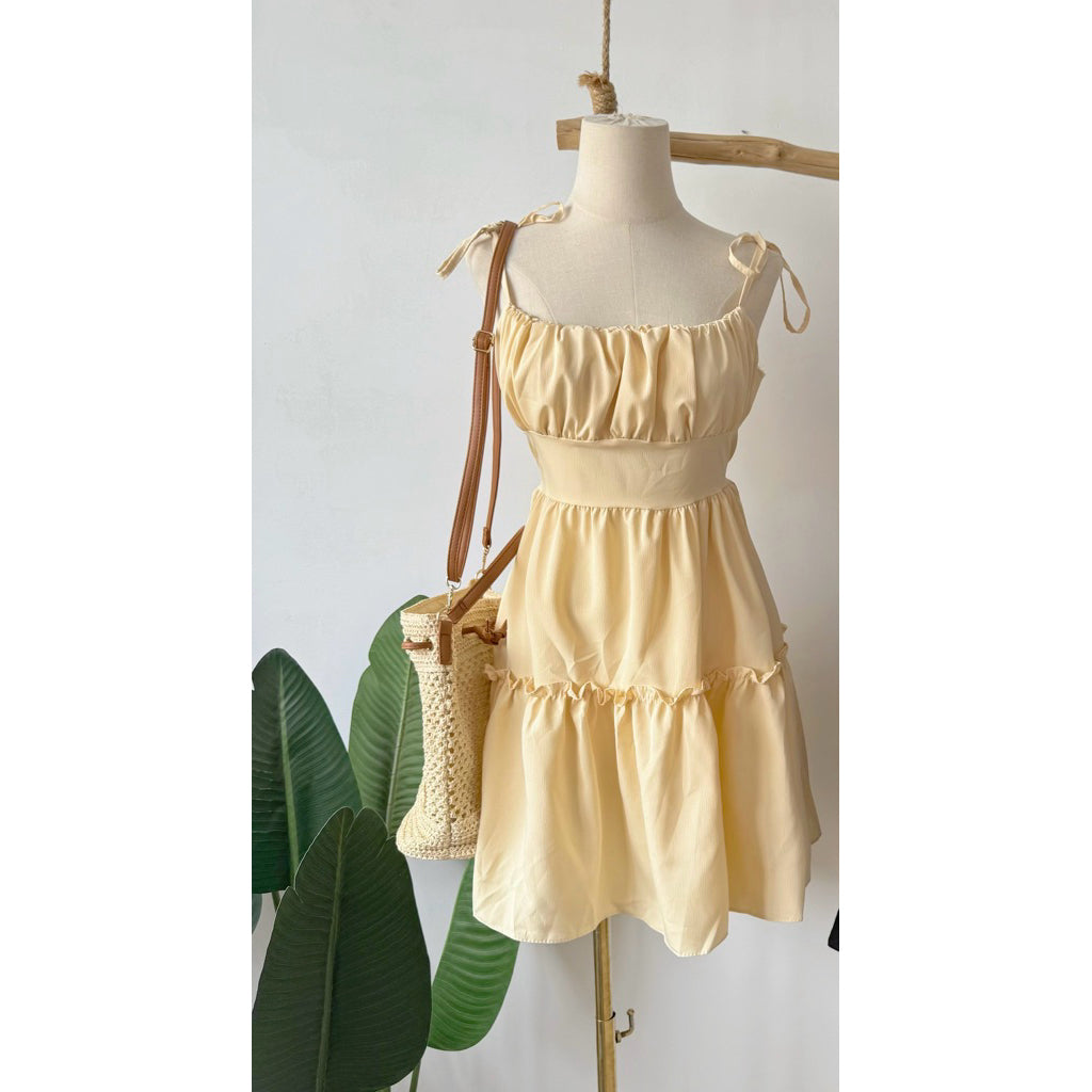 【T686】Ruffle Midi Dress 甜美吊带收腰纯色显瘦短裙