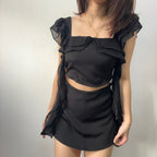 【T331】Fluffy Ruffle Sleeve Set Top + Skort Set