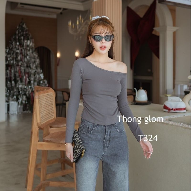 【T539】气质斜肩长袖修身上衣百搭日常女上衣 Thong Glom