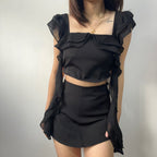 【T331】Fluffy Ruffle Sleeve Set Top + Skort Set